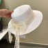 Elegant temperament, lace bow, white flat top straw hat, women's summer travel, sun protection hat, travel photography hat