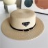 Korean version belt triangle metal logo grass woven hat for children's spring and summer fashion versatile vacation beach sun hat wholesale