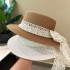 Elegant temperament, lace bow, white flat top straw hat, women's summer travel, sun protection hat, travel photography hat