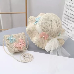 Summer Little Girl Sunshade Princess Beach Sunscreen Straw Hat Summer Baby Girl Sun Fisherman Hat Parent Child Bag