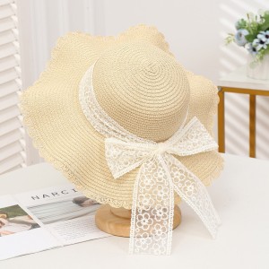 Summer women's woven straw hat Korean version large brim lace bow sun protection hat high-end beach hat