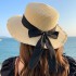 Japanese style fringed straw hat, small fresh ribbon, bow sun hat, women's beach vacation beach hat, flat top sun hat