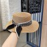 Straw hat women's new style ribbon British style flat top sun hat, face covering, summer outdoor sun hat, big brimmed top hat