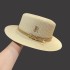 Straw hat women summer vacation seaside rhinestone letter R belt personality British retro flat top sunshade cool hat