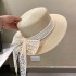 Elegant temperament, lace bow, white flat top straw hat, women's summer travel, sun protection hat, travel photography hat