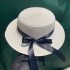 French long ribbon bow straw hat for children in summer, flat brimmed top hat for sun protection, sun hat for travel, flat top hat