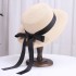 French long ribbon bow straw hat for children in summer, flat brimmed top hat for sun protection, sun hat for travel, flat top hat