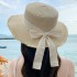 Japanese style fringed straw hat, small fresh ribbon, bow sun hat, women's beach vacation beach hat, flat top sun hat