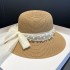 Summer Elegant Grass Weaving Pearl Mesh Sunshade Straw Hat Women's Bow French Sunscreen Hat Beach Fisherman's Hat Basin Hat