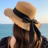 Japanese style fringed straw hat, small fresh ribbon, bow sun hat, women's beach vacation beach hat, flat top sun hat