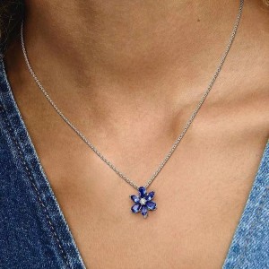 Pan Family White Copper Sparkling Blue Floral Pendant Necklace Neck Ornament Flower Specimen Clavicular Chain Ornament Women's Light Luxury Niche