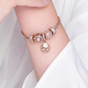 Pan Family Silver Plated Ocean Heart Snowflake Cat Eye Bracelet Series Rose Gold Cat Eye Accessories DIY Beads