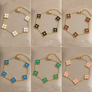 Cross border popular high version sparkling diamond lucky clover bracelet color preserving titanium steel double-sided mother of pearl inlaid diamond bracelet wholesale