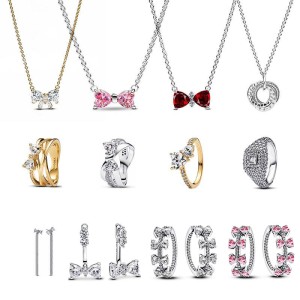 Heart shaped bow necklace ring earring set, female heart collarbone chain earrings, cross-border live broadcast plated 925 silver