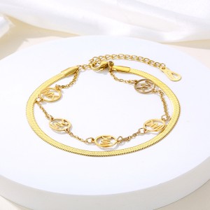 Cross border hot selling French retro double-layer stacked blade chain MK necklace 18K gold stainless steel jewelry non fading bracelet