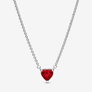 Pan Family White Copper Sparkling Halo Heart Pendant Clavicle Chain Neck Jewelry New Ruby Bracelet Necklace Set