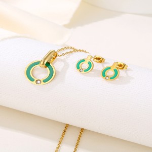 Cross border popular mysterious round two-piece oil dripping necklace with earrings, light luxury style jewelry ring pendant, washable