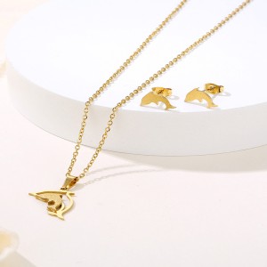 Foreign trade Korean version ins personality temperament style frosted dolphin necklace earrings titanium steel jewelry animal pendant two-piece set