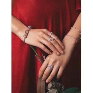 Pan Family's new white copper three ring series pave with snake bone chain pattern V-shaped ring, women's ring DIY high-end feeling