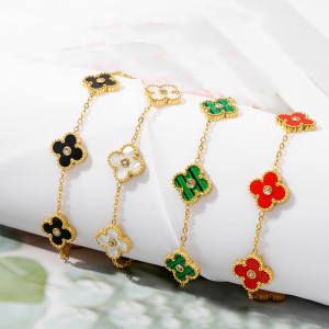 Cross border popular high version diamond inlaid five flower clover bracelet for women, sparkling diamond double-sided mother of pearl fashion flower jewelry