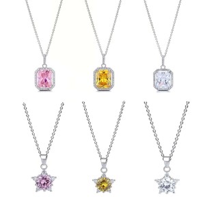 Pink star colored diamond micro inlaid pentagram necklace for women, rectangular pendant, high-end collarbone chain jewelry