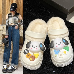 Winter Cute Cartoon Indoor Thick Bottom Anti slip Plush Warm Fashion Plus Plush Silent Dog Shoes Hole Shoes Women's Cotton Shoes