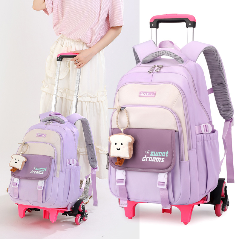 Primary school students' pull up backpacks, girls' six wheeled climbing stairs, children's grades 2-6, 5 large capacity waterproof and load reducing for ages 7-12