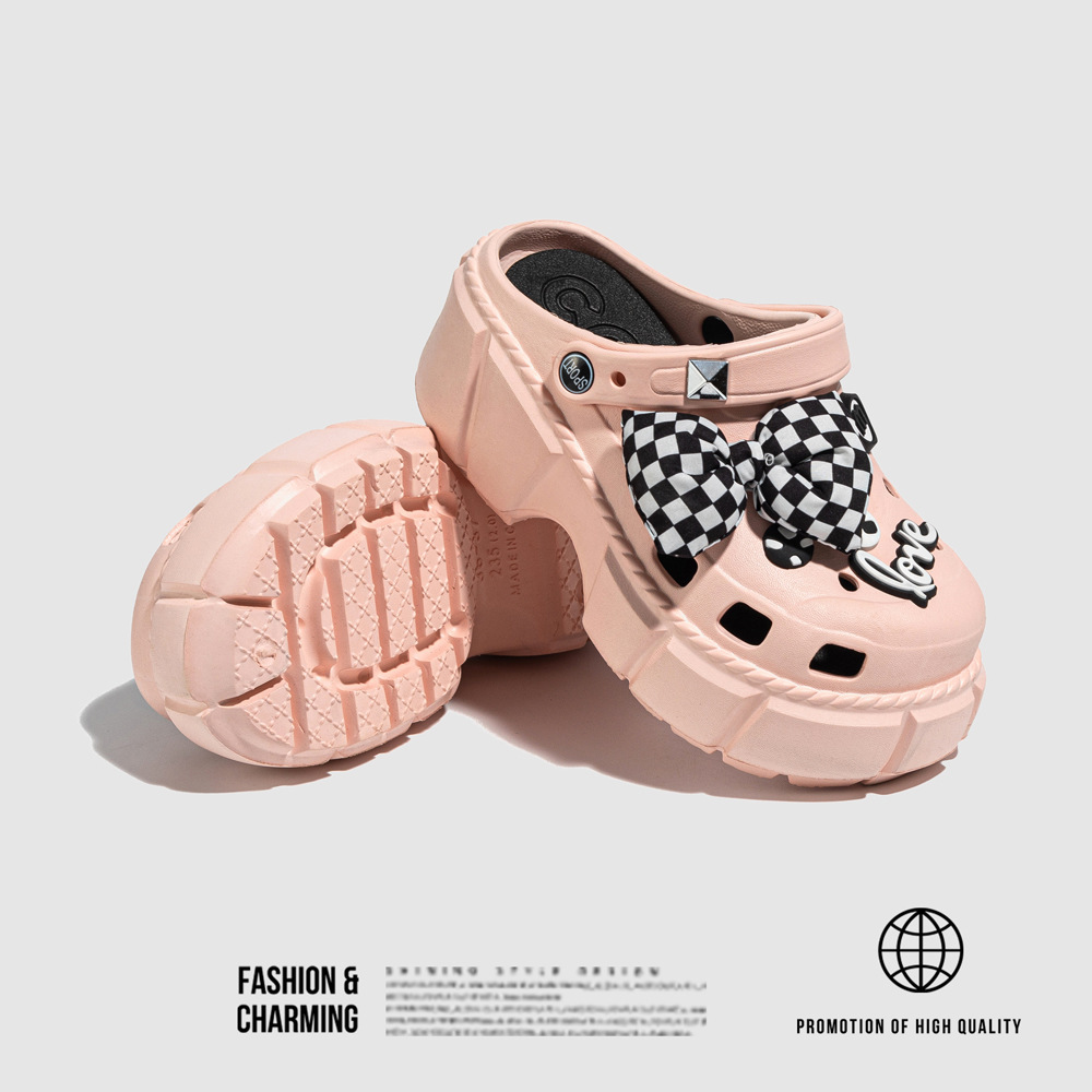 Butterfly knot checkerboard pattern home anti slip beach thick sole height increasing girls summer new EVA stepping poop feeling hole shoes