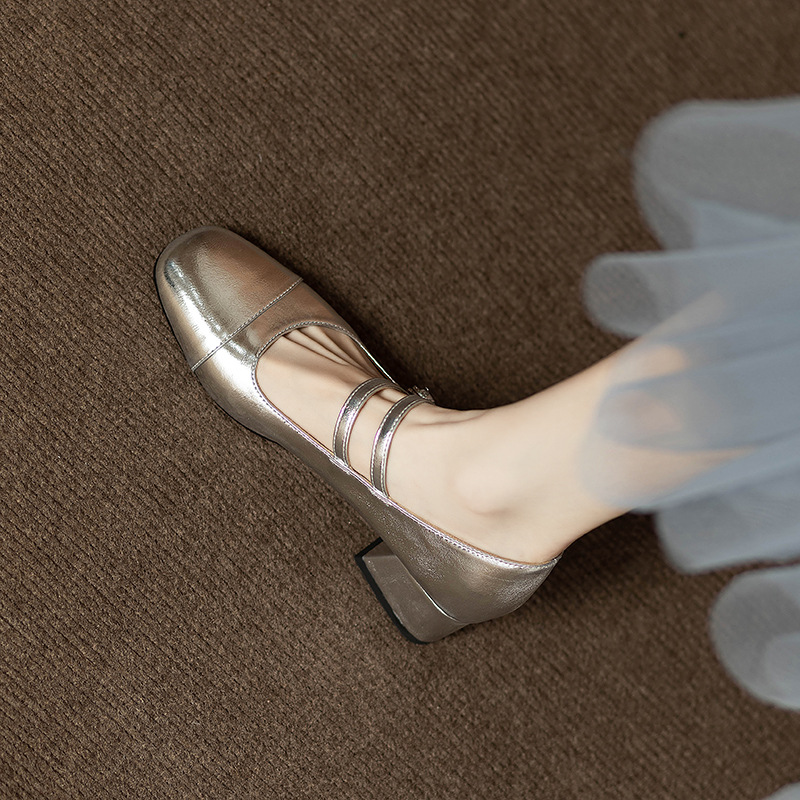 Retro versatile silver Mary Jane shoes for women 2023 spring and autumn thick heel with a single buckle and shallow mouth, single order shoes