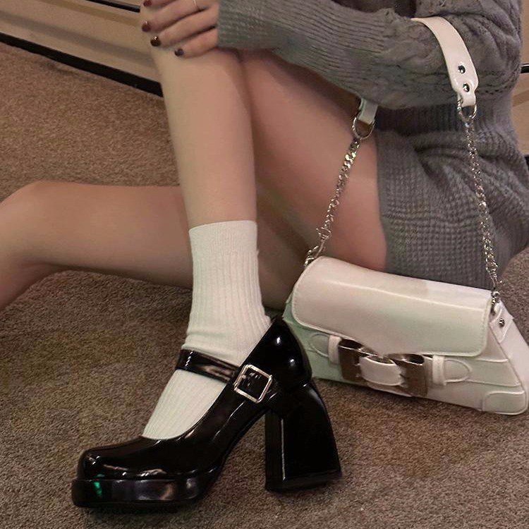 Black thick heeled high heels 2023 new single buckle belt Mary Jane shoes shallow mouth single shoes women round toe