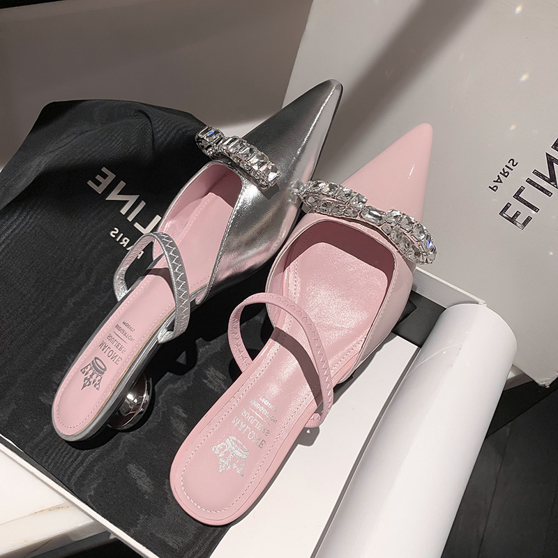 Princess Fan~Extremely beautiful! Lacquer pink half toe cool slippers for women wearing summer silver pointed shoes