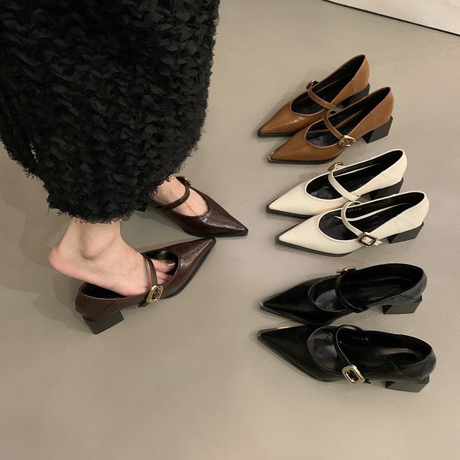 Bold heel design, niche shallow mouth single shoe for women, autumn and winter new style, French pointed retro high heels, Mary Jane small leather shoes