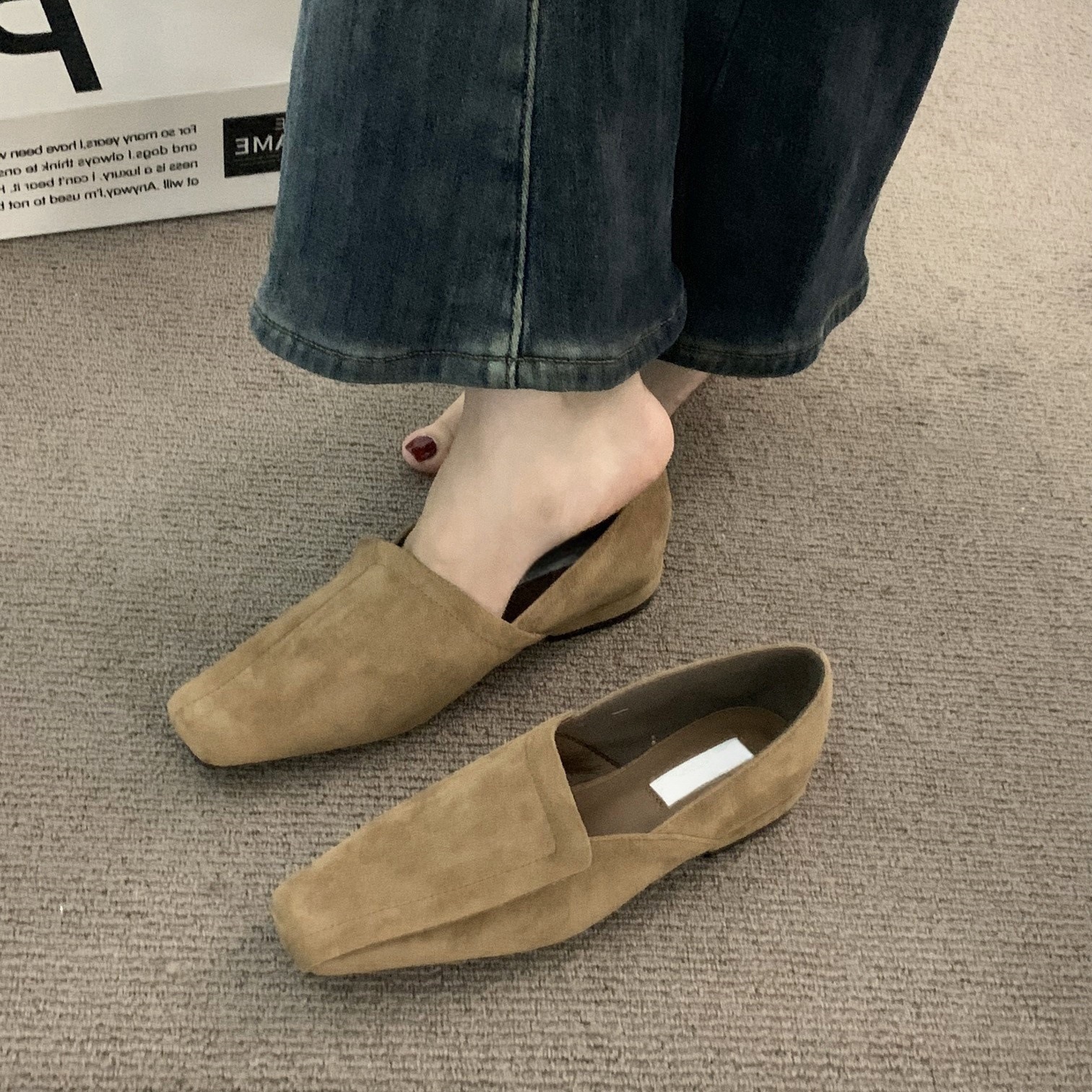 Vintage M ü ller square toe niche single shoe women's shoes spring and autumn matching skirt French matching skirt suede low heel loafers
