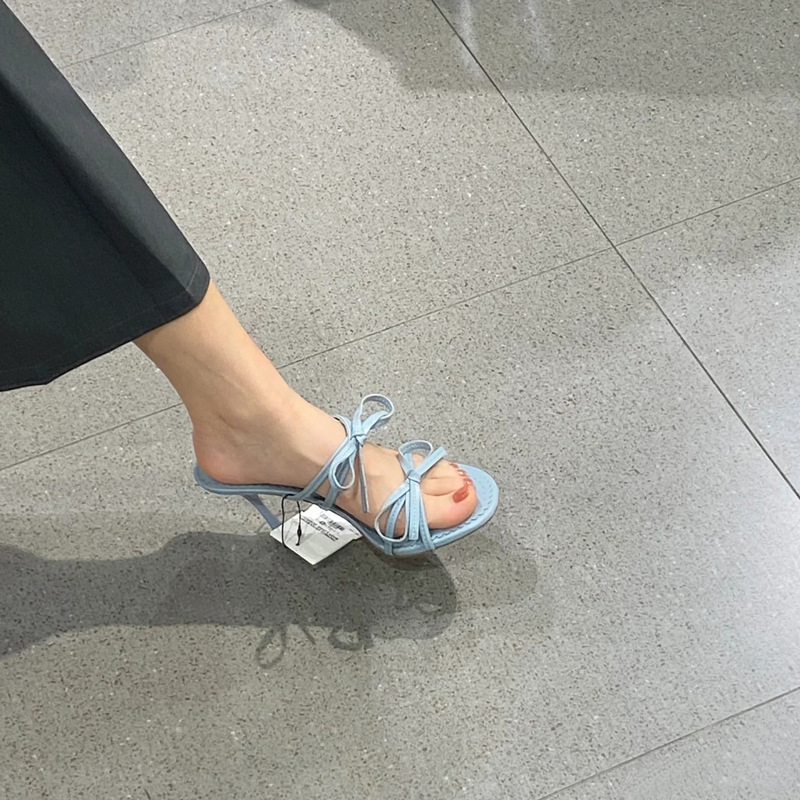 Butterfly knot thin heel sandals for women 24 new versatile blue and white temperament one and a half drag French open toe high heels