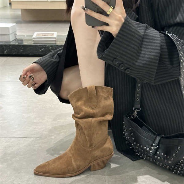 2024 Autumn/Winter New Suede Pointed Coarse Heel Middle Heel Short Boots Mid Leg Boots High Heel Stacked Boots Western Cowboy Boots
