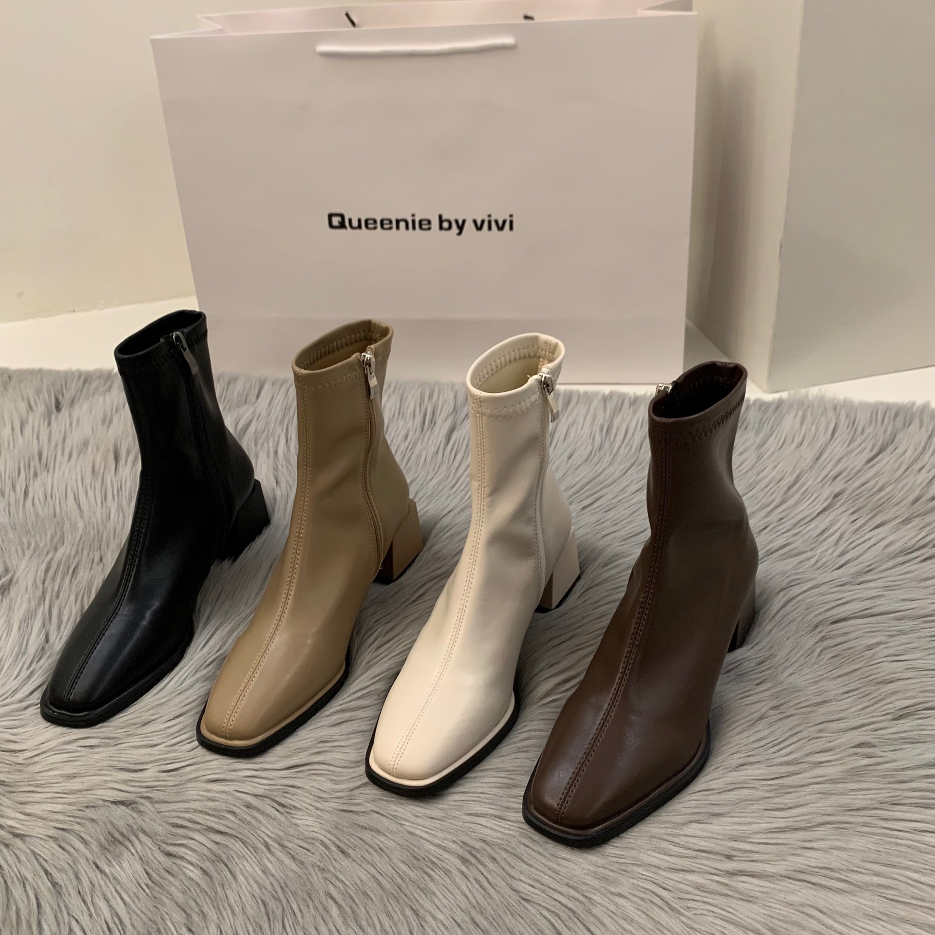 White high-heeled square toe slim French style short boots for women 2024 new spring and autumn single boots brown Martin boots