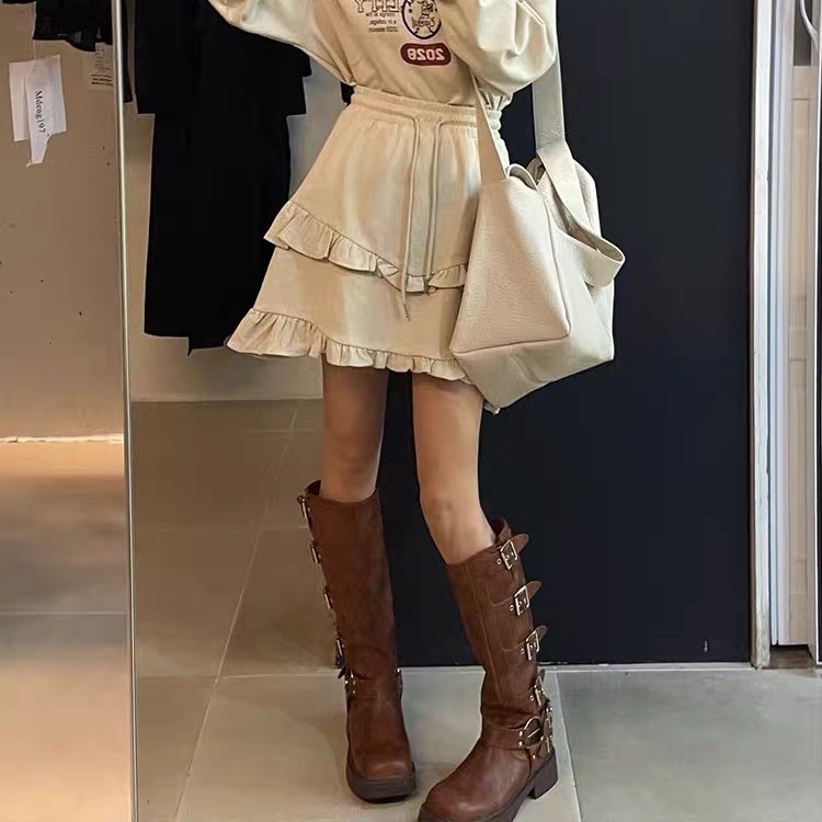 Brown Western Cowboy Boots, Women's Over Knee Boots, Metal Belt Buckle, Thick Heel, High Barrel Knight Boots, Single Boot
