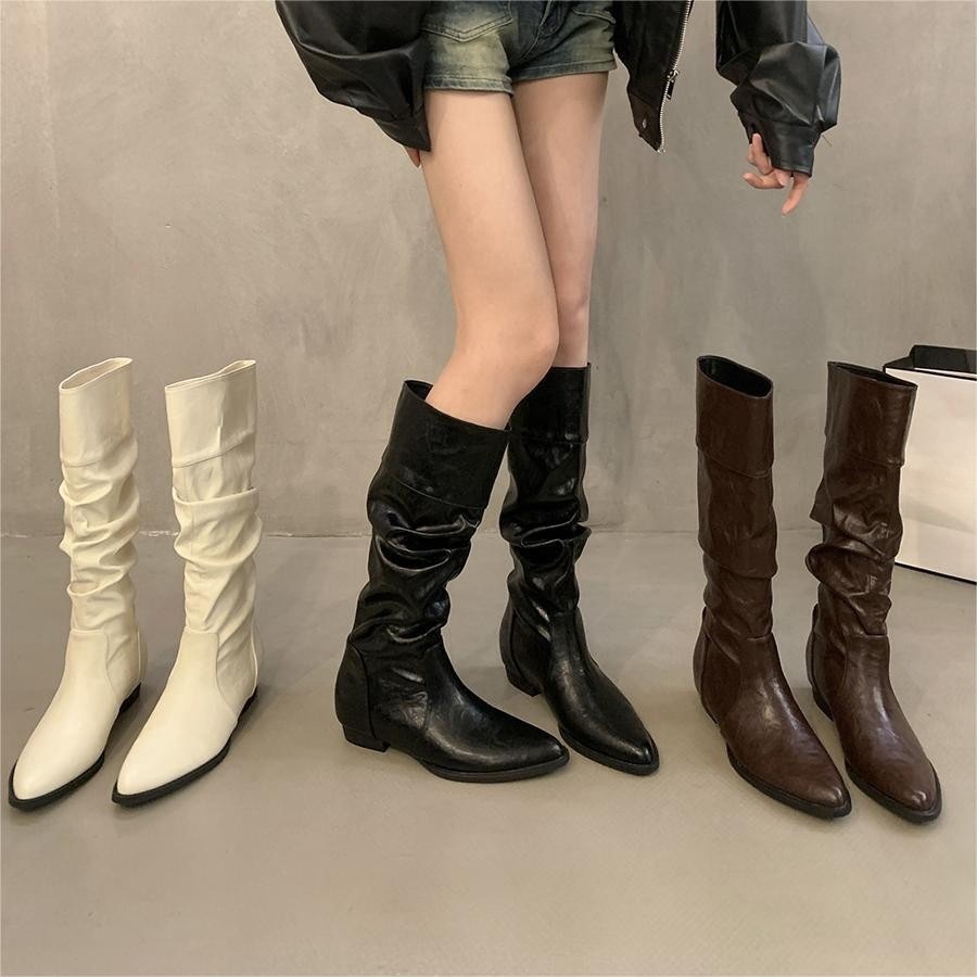 Rice white thick heel pointed pile boots, long boots for women, 2024 new spring and autumn winter mid length slim knight boots