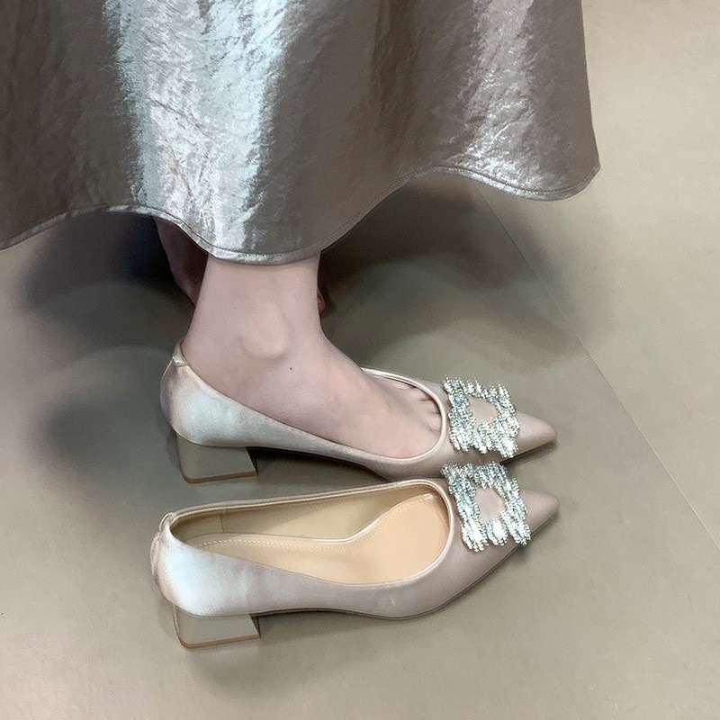 Water diamond square buckle thick single order shoes for women 2025 new satin pointed high heels, bridal shoes, wedding shoes