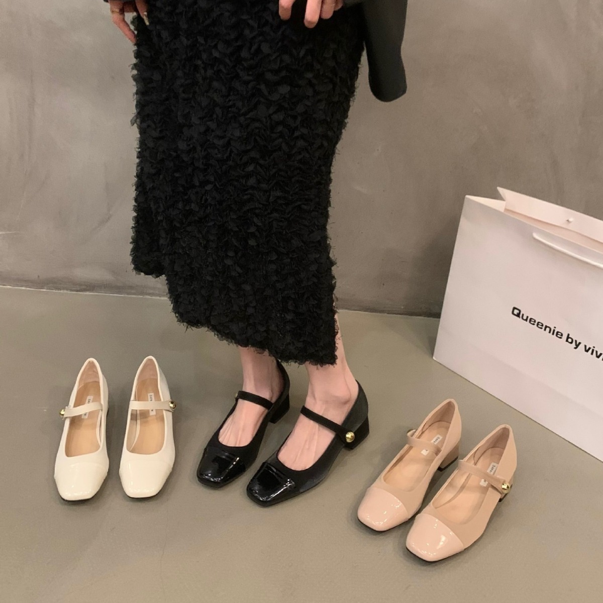 Rough heeled Mary Jane single shoes women's shoes 2023 new summer French style mid heel evening black square toe small leather shoes