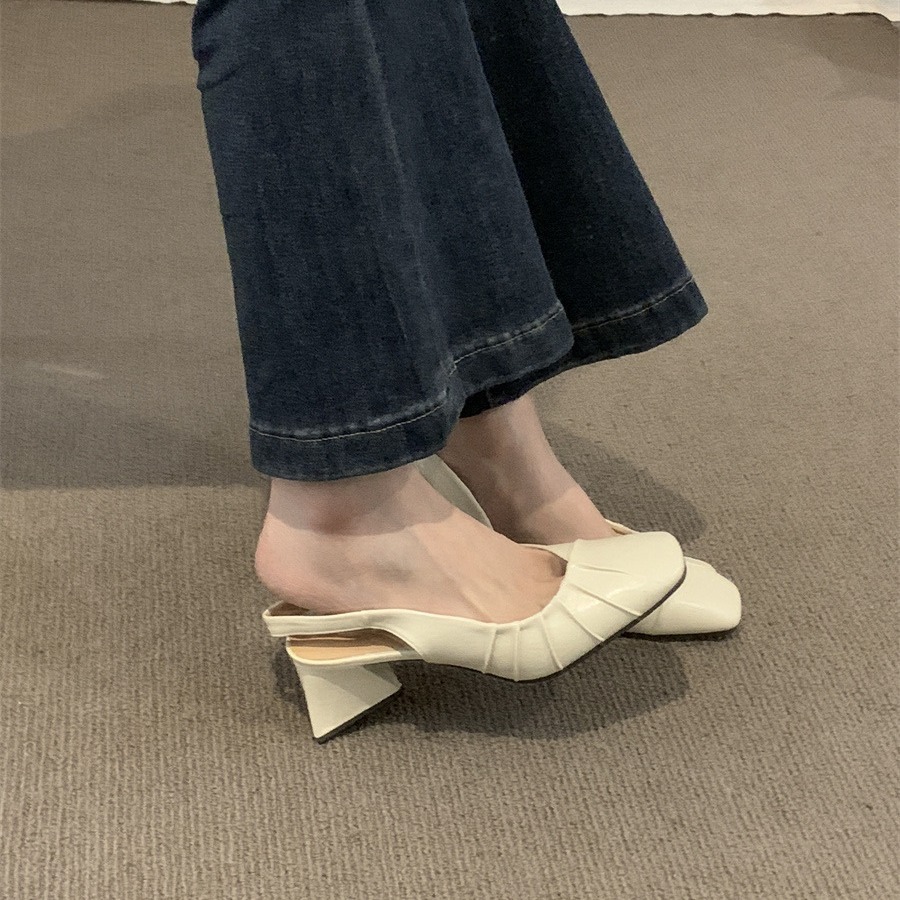 2024 Spring/Summer New High Heel Baotou Back Air Sandals Women's Shoes Coarse Heel Shallow Mouth French Gentle Style Single Shoes Women's Shoes