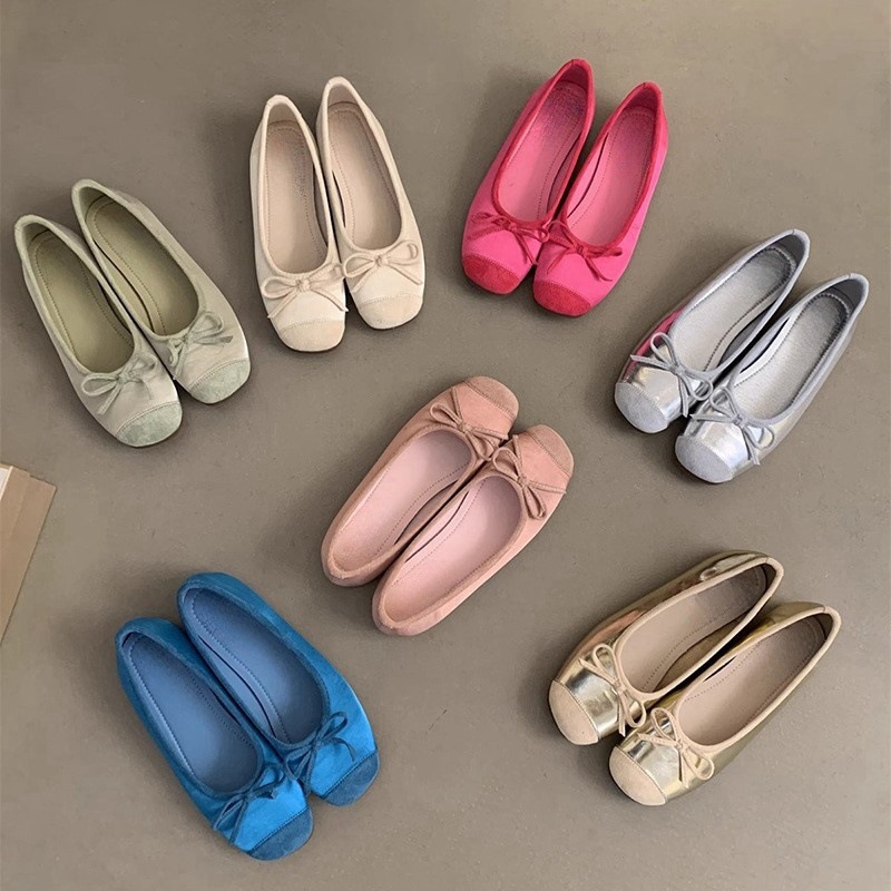 Round toe shallow mouth single shoe for women's spring and autumn new soft leather ballet fairy style gentle one foot soft flat bean scoop shoes