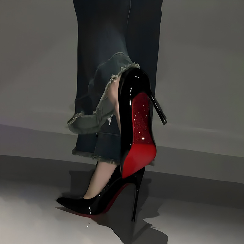 Red soled high heels, women's slim heels, black side empty with rhinestones, elegant socialite, nude color, pointed toe, 2023 new model