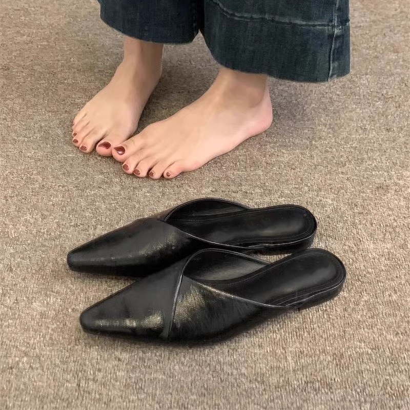 2025 Spring/Summer New Fashionable Pointed Headcut Slippers Single Shoes Retro Versatile Flat Half Slippers Sandals for Women