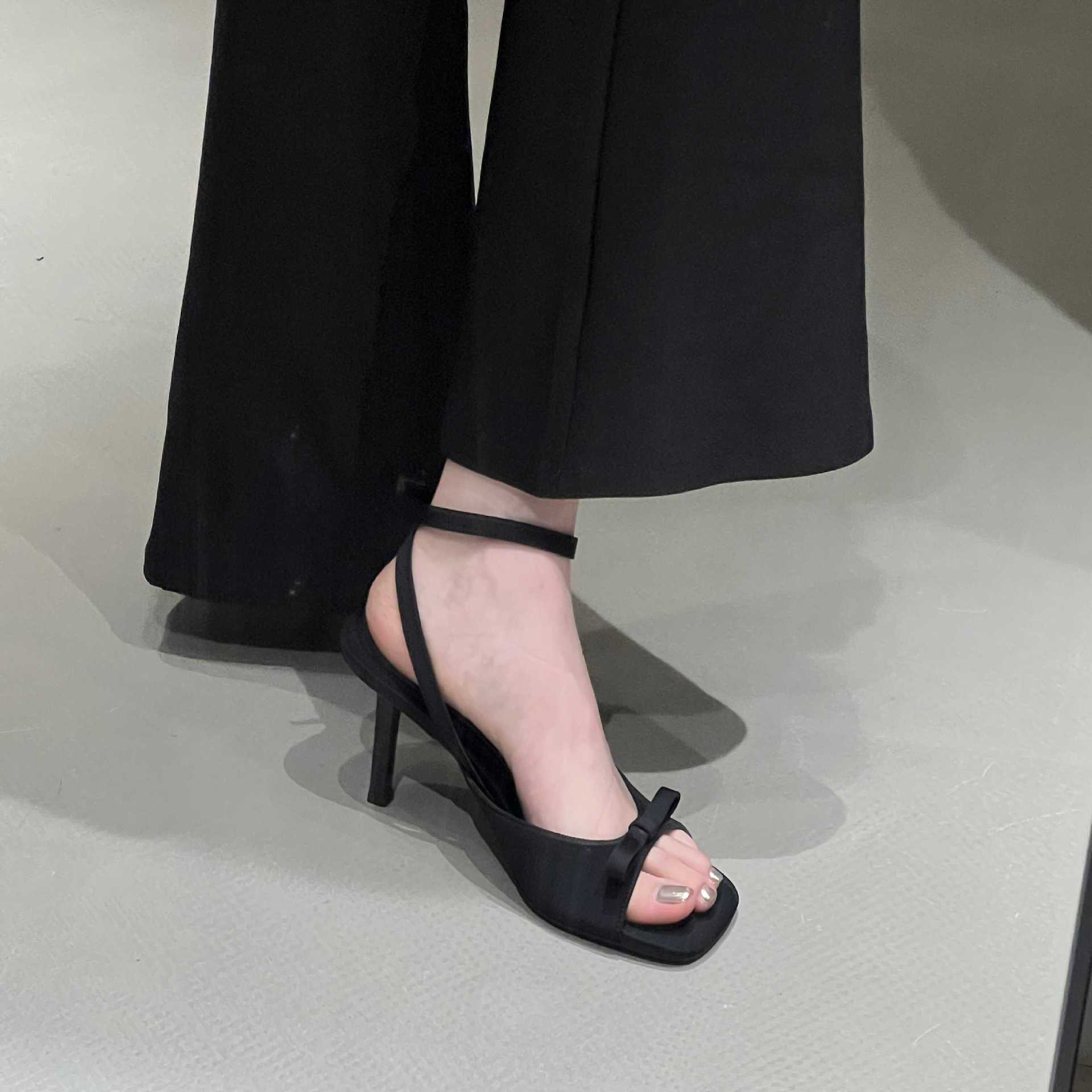 Ankle strap with silver satin bow, high-heeled sandals, slim heels, exposed toes, women's sandals, temperament
