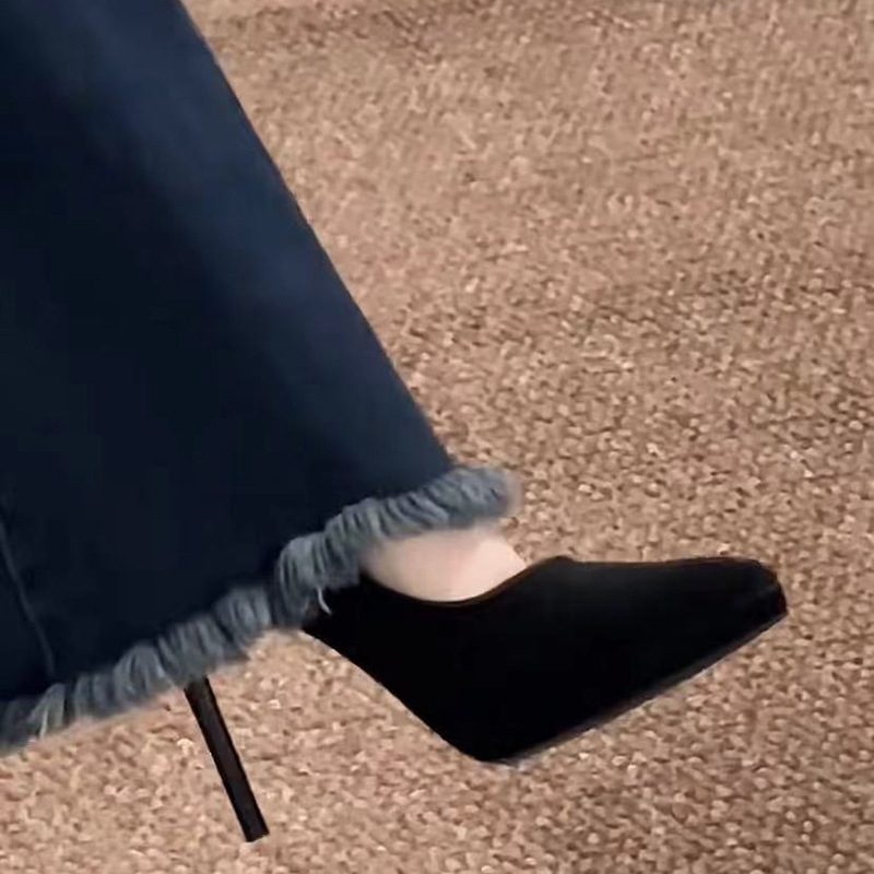 2024 Autumn French Black Suede Pointed Fine Heel Thick Bottom Waterproof Platform High Heels Women's Niche Matching Skirts Single Shoes