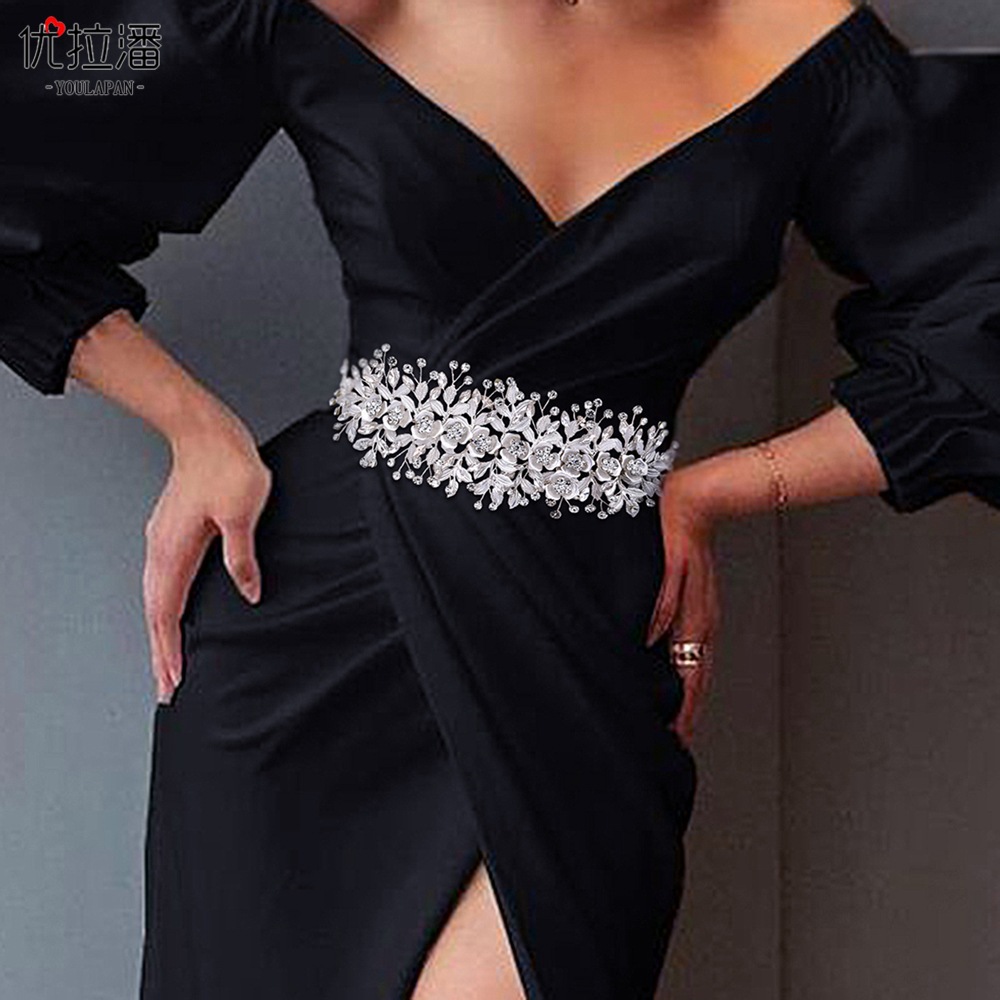 Yurapan SH349 Thin Picture Craftsmanship Flower Alloy Handmade Accessories Look Thin Waist Cover Bridal Wedding Diamond Belt