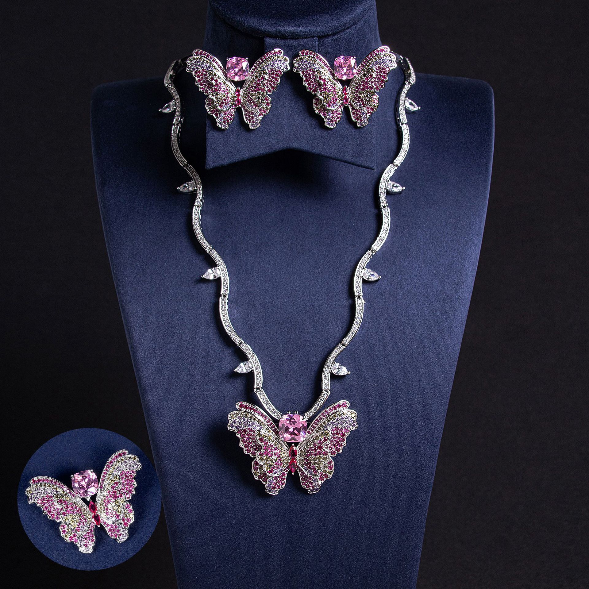 European and American new set butterfly necklace, colorful double-layer zircon earrings, elegant and niche accessories wholesale for women