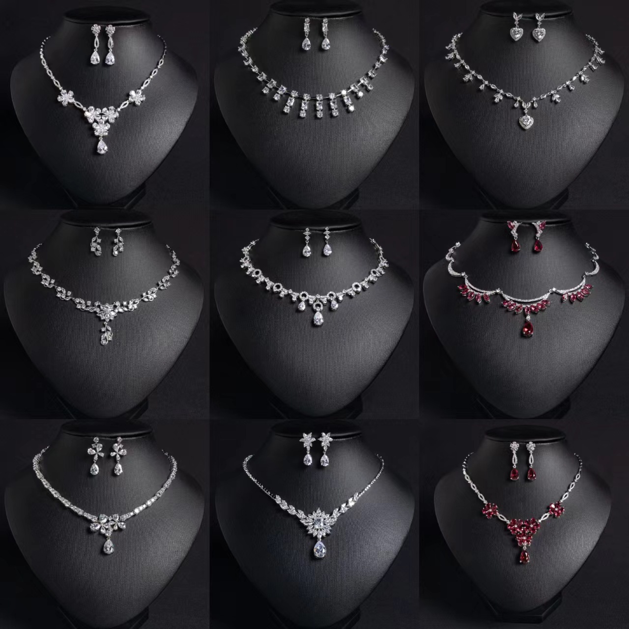 Wholesale of popular online sets, fashionable and dazzling, full diamond zircon water droplet necklace, earrings, bridal wedding accessories, women