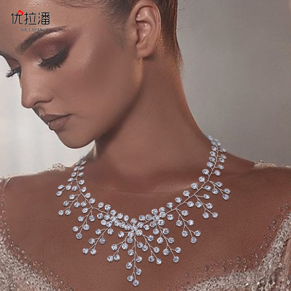 Yulapan HN01 Cross border Inlaid Diamond Bridal Dress Accessories Elegant Shining Water Diamond Charm Necklace